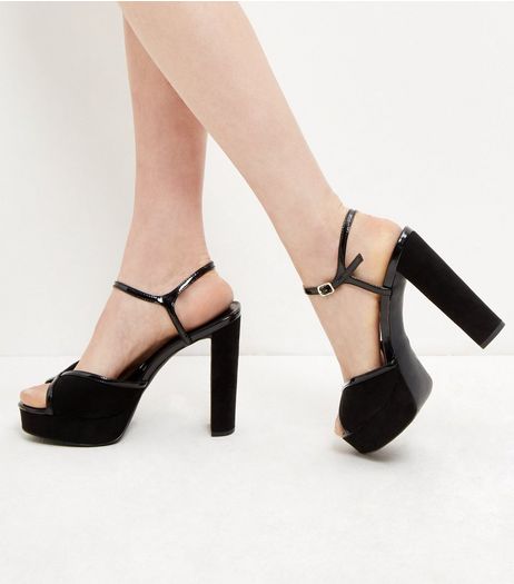 Black Suedette Contrast Trim Peep Toe Ankle Strap Heels | New Look
