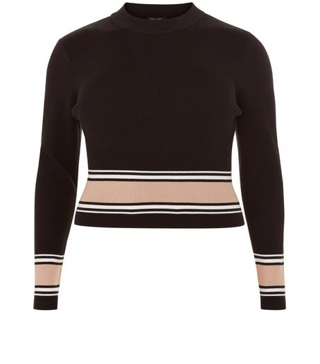 Curves Black Stripe Trim Long Sleeve Top | New Look