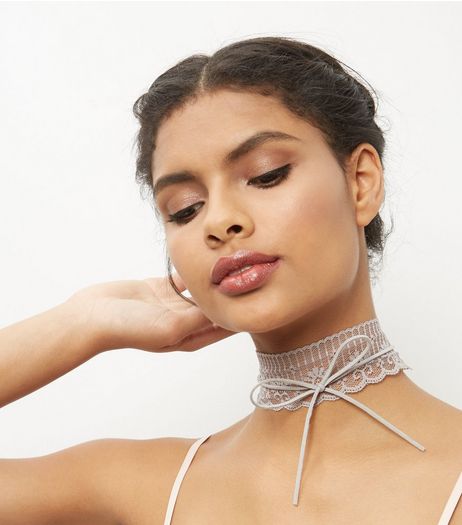 Dark Grey Lace Ribbon Choker | New Look