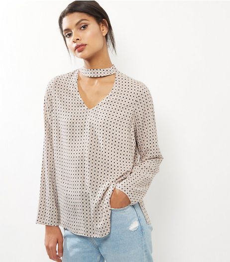 Pink Spot Print Choker Neck Long Sleeve Top | New Look