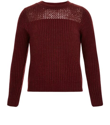 Girls Burgundy Mesh Panel Ribbed Jumper | New Look
