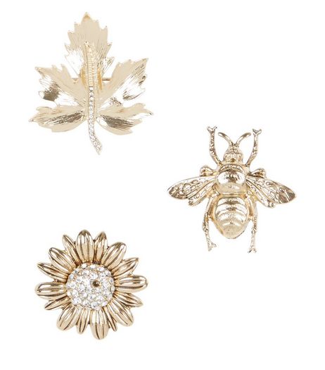 3 Pack Gold Bug and Flower Brooches | New Look