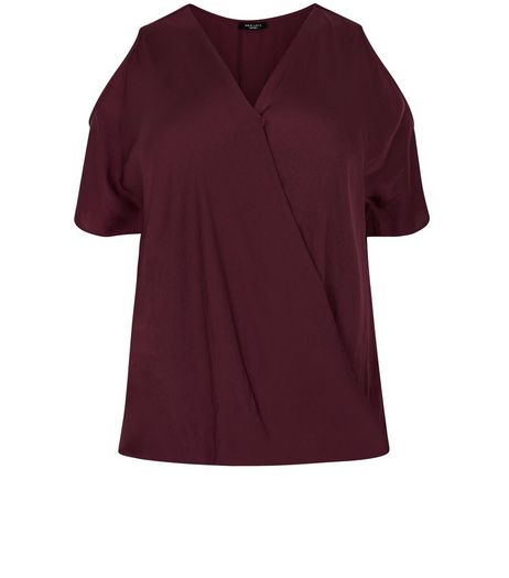 Curves Burgundy Sateen Wrap Front Cold Shoulder Top | New Look