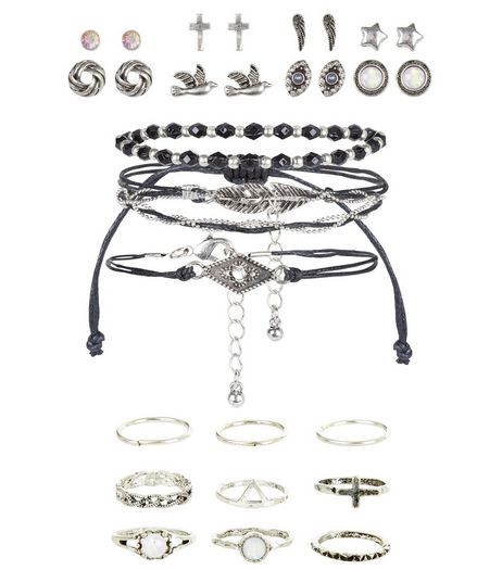 Black Ring Bracelet and Earrings Pack | New Look