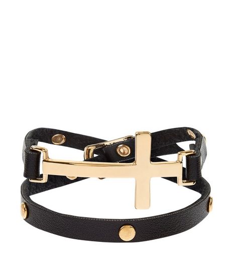 Black Leather Look Gold Cross Wrap Bracelet | New Look