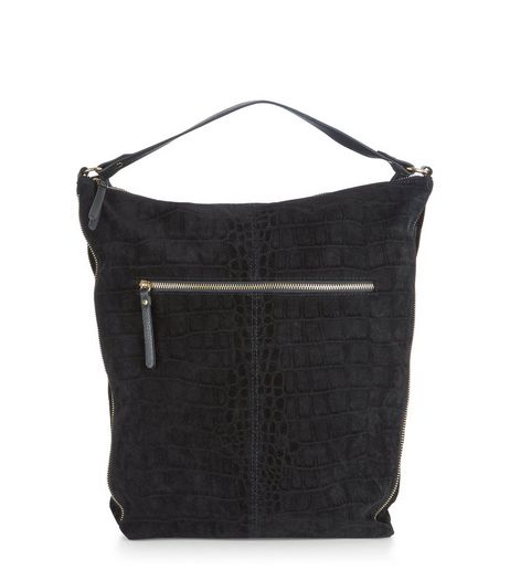 Black Croc Texture Shoulder Bag | New Look