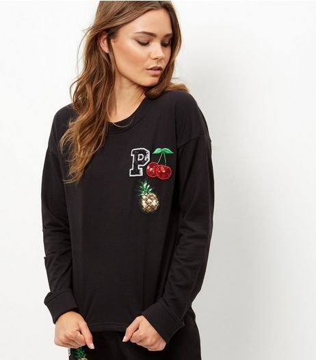 Black Sequin Badge Sweater | New Look