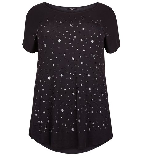 Curves Black Star Print T-Shirt | New Look