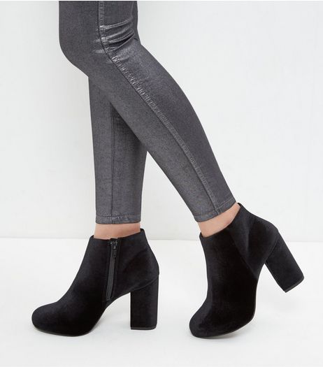 Black Velvet Block Heel Ankle Boots | New Look