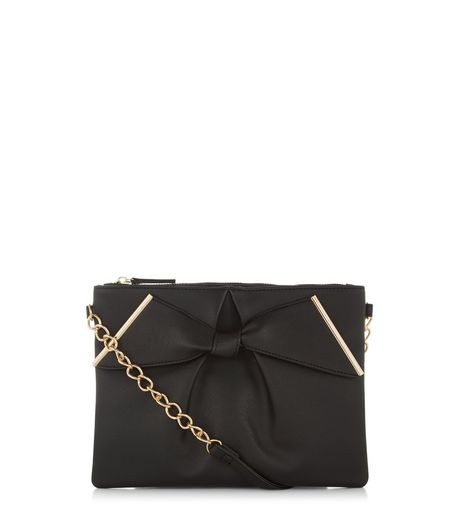 Black Leather-Look Bow Clutch | New Look
