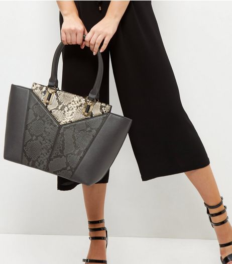 Black Snakeskin Print Panel Tote Bag | New Look