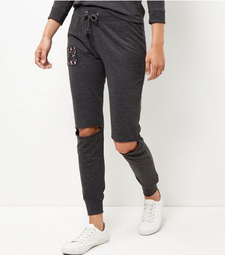 Dark Grey Ripped Knee Joggers | New Look