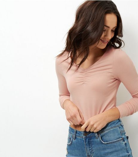 Mid Pink Ruched Front Long Sleeve Crop Top | New Look