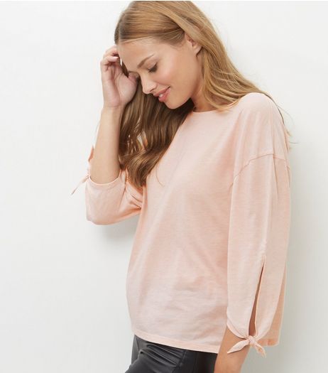 Mid Pink Tie Sleeve T-Shirt | New Look