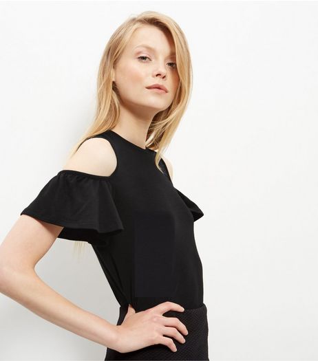Black Ruffle Cold Shoulder T-Shirt | New Look