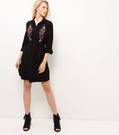 Black Embroidered Roll Sleeve Shirt Dress | New Look