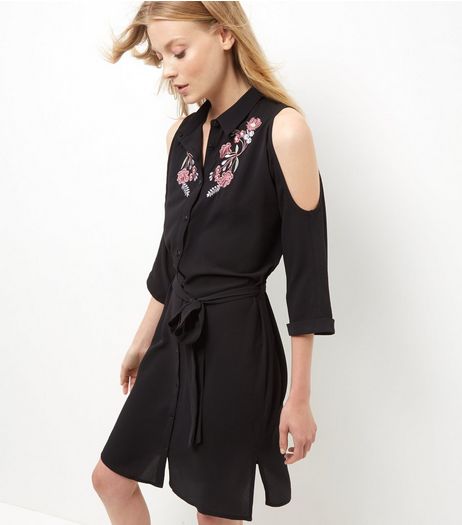 Black Embroidered Cold Shoulder Shirt Dress | New Look