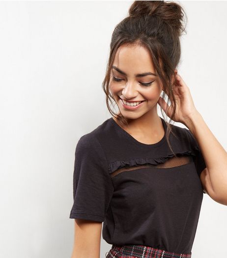 Black Mesh Frill Cutout T-Shirt | New Look
