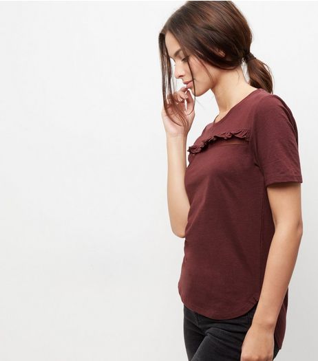 Burgundy Frill Trim Mesh Panel T-Shirt | New Look