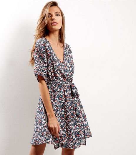 Black Floral Print Wrap Front Dress | New Look