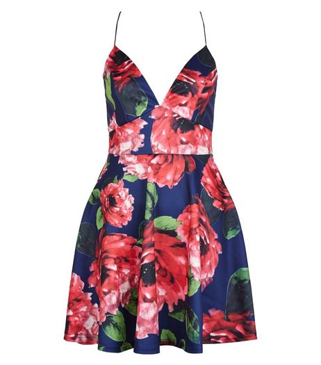 AX Paris Navy Floral Print Plunge Skater Dress | New Look