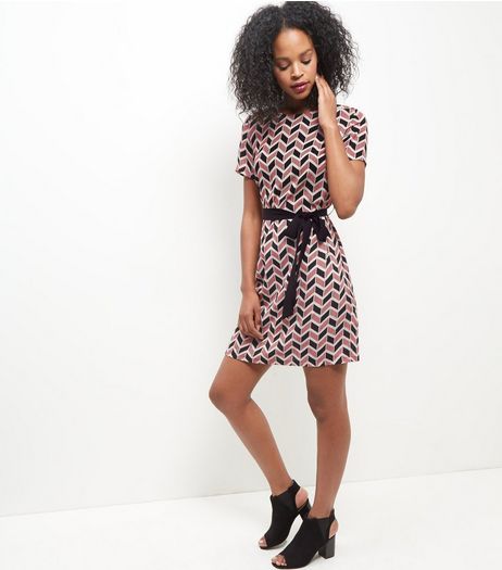 Red Geo Print Belted Tunic Dress | New Look