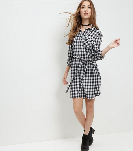 Black Gingham Check Slogan Back Shirt Dress | New Look