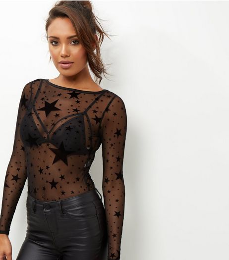Black Mesh Star Print Long Sleeve Bodysuit | New Look