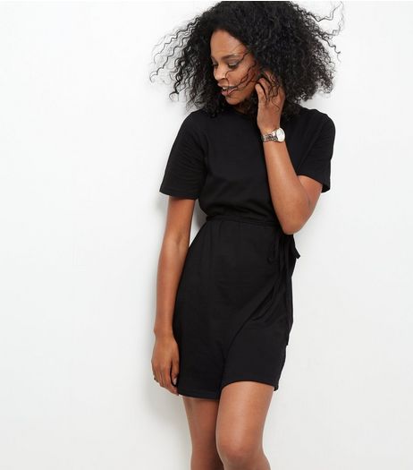 Black Tie Waist Short Sleeve Tunic Dress | New Look
