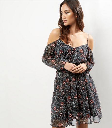 Black Floral Print Cold Shoulder Chiffon Dress | New Look