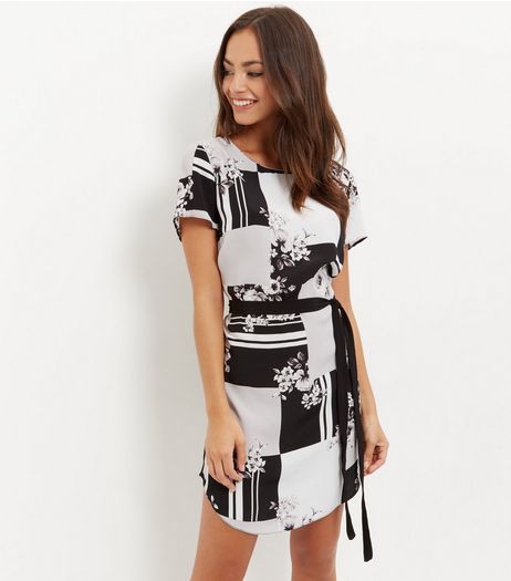 Black Geo Floral Print Belted Tunic Dress | New Look