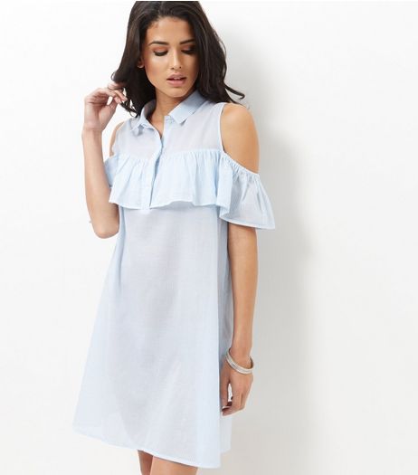 Influence Blue Cold Shoulder Frill Shirt Dress | New Look