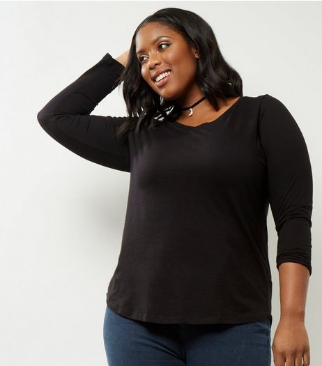Curves Black V Neck Long Sleeve Top | New Look