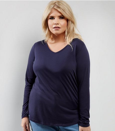 Curves Navy V Neck Long Sleeve Top | New Look
