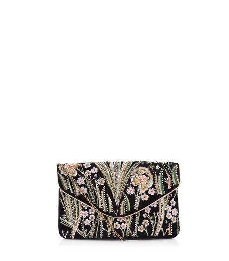 Black Floral Embroidered Clutch | New Look