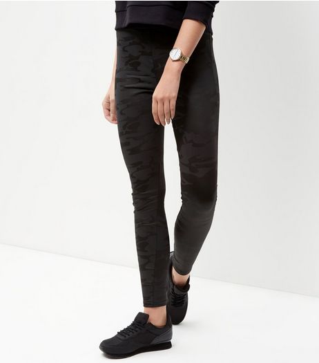 Black Coated Camo Print Leggings | New Look