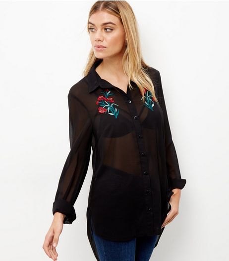 Tall Black Embroidered Sheer Shirt | New Look