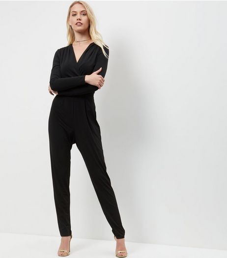 Tall Black Wrap Front Long Sleeve Jumpsuit | New Look