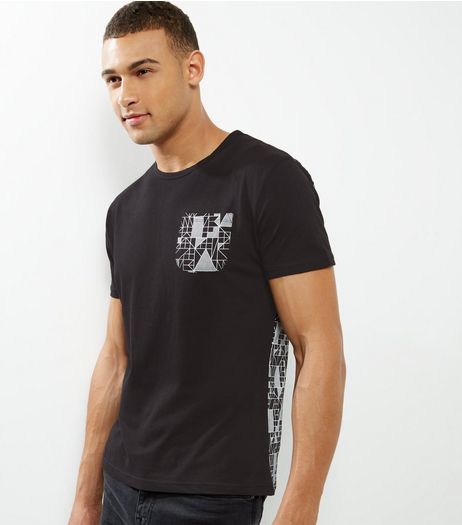 Black Sheen Abstract Print Panel T-Shirt | New Look