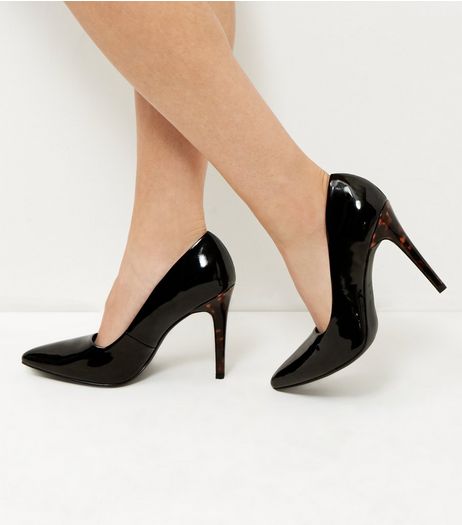 Wide Fit Black Patent Tortoiseshell Print Heels | New Look