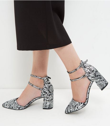 Wide Fit Black Croche Print Ankle Strap Mid Heels | New Look