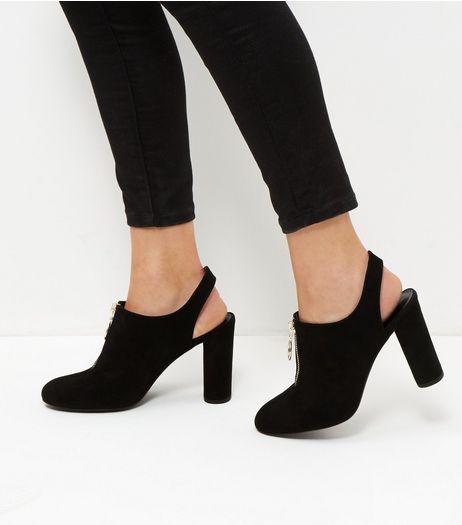 Black Suedette Zip Front Sling Back Court Shoes | New Look