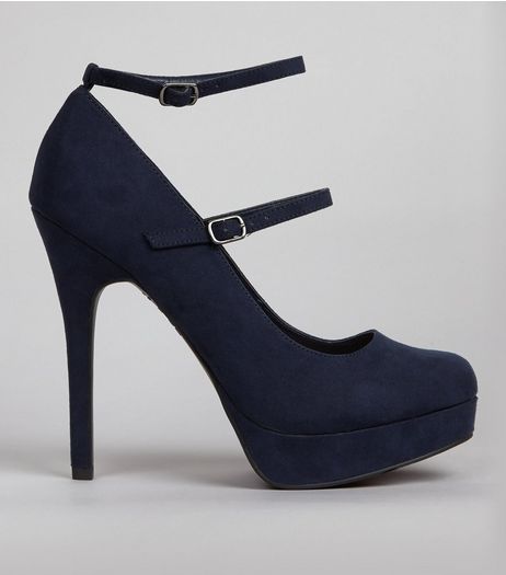 Navy Suedette Double Strap Platfrom Heels | New Look