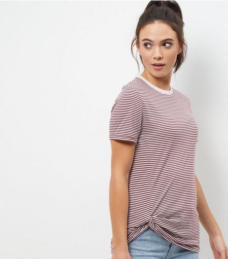 Burgundy Cotton Mix Stripe Twist Front T-Shirt | New Look