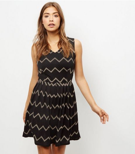 Mela Black Chevron Print Skater Dress | New Look