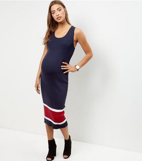 Maternity Navy Ribbed Colour Block Panel Midi Dress | New Look
