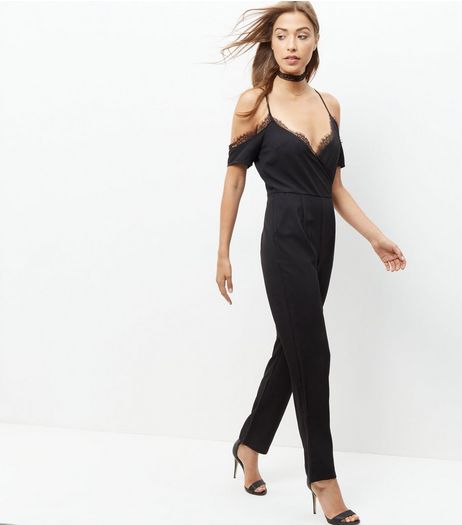 Cameo Rose Black Lace Trim Cold Shoulder Jumpsuit | New Look