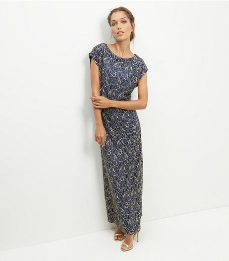 Mela Navy Shimmer Lace Maxi Dress | New Look