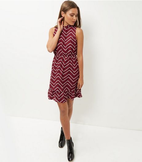 Mela Burgundy Zigzag Print Funnel Neck Dress | New Look