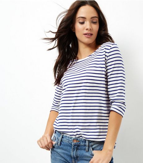 Blue Stripe 3/4 Sleeve Top | New Look